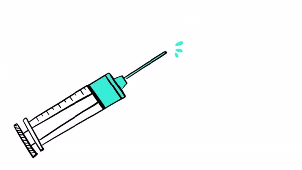 Hand drawn syringe with liquid squirting animation with alpha channel, motion graphics. — Stock Video