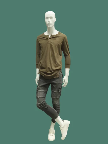 Full Length Male Mannequin Dressed Casual Clothes Green Background Brand — Stock Photo, Image