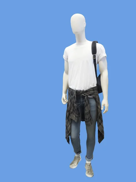 Celovečerní Mužské Figurína Oblečená Neformálním Oblečení Nad Modrým Pozadím Žádné — Stock fotografie