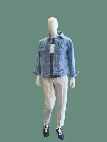 Manequim Masculino Comprimento Total Vestido Com Jaqueta Jeans Calças Brancas — Fotografia de Stock
