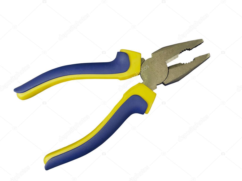 Combination pliers hand tool isolated on white background, top view.