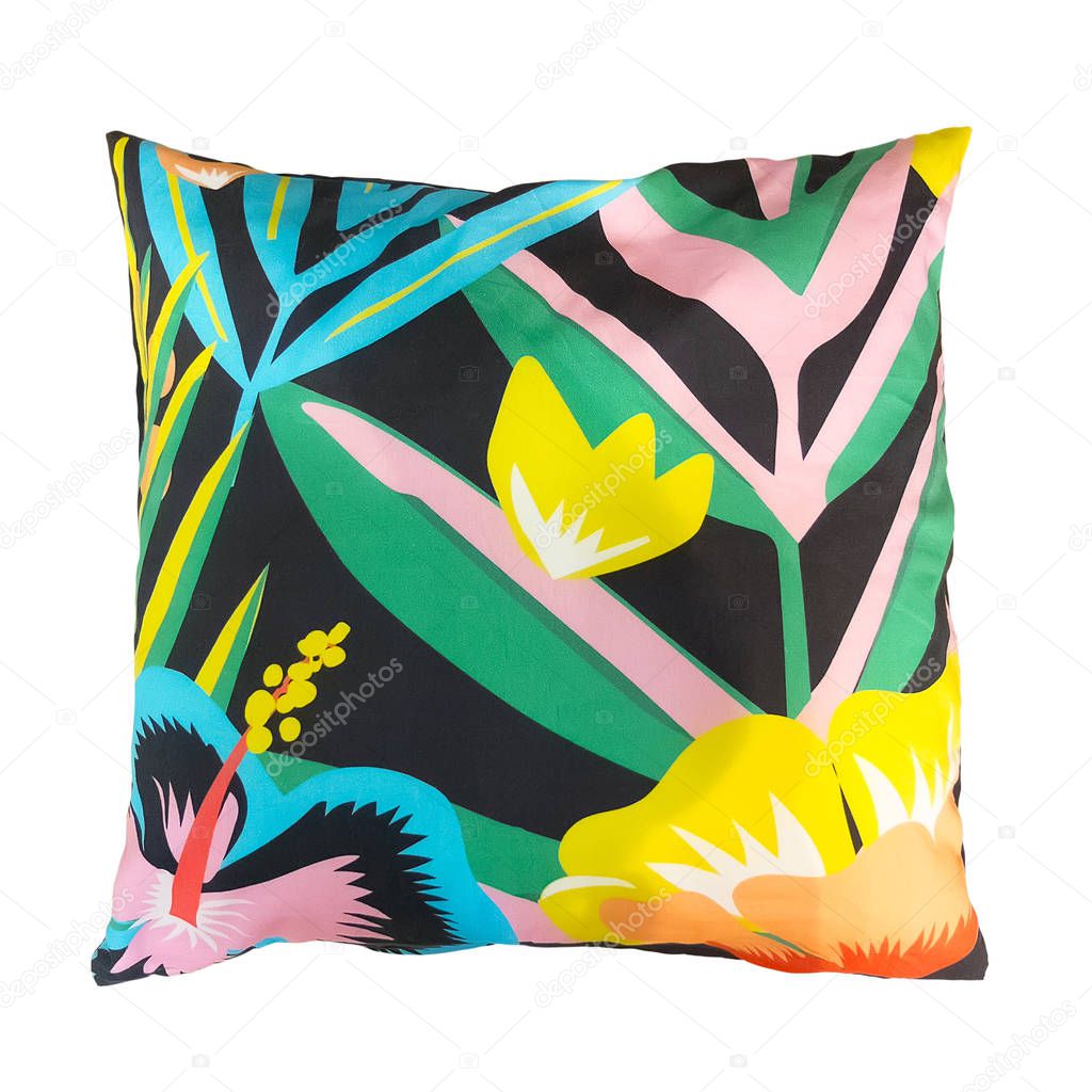 Decorative pillow with floral pattern. Isolated on white background.