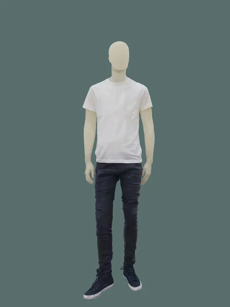 Full Length Man Mannequin Dressed Casual Clothes Green Background Brand — Stock Photo, Image
