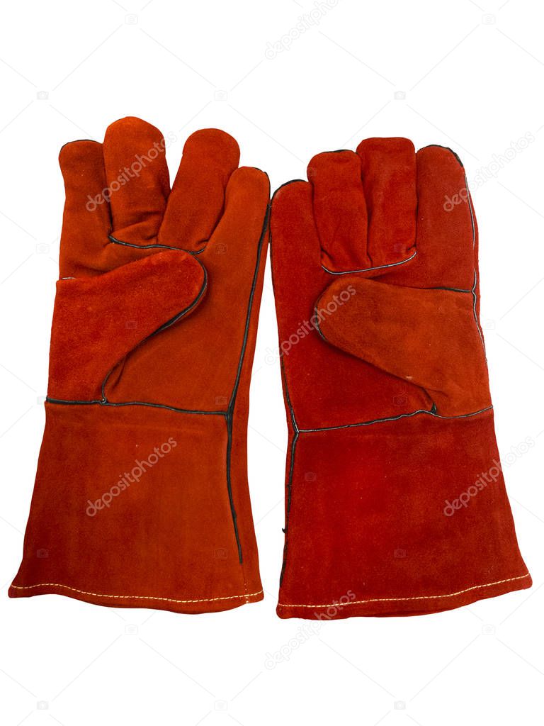 Pair of red protective work gloves, isolated on a white background. Top view.