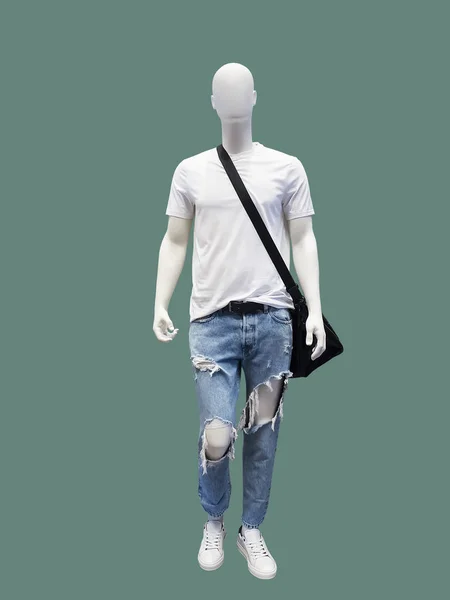 Manequim Masculino Comprimento Total Vestido Com Shirt Jeans Rasgado Azul — Fotografia de Stock