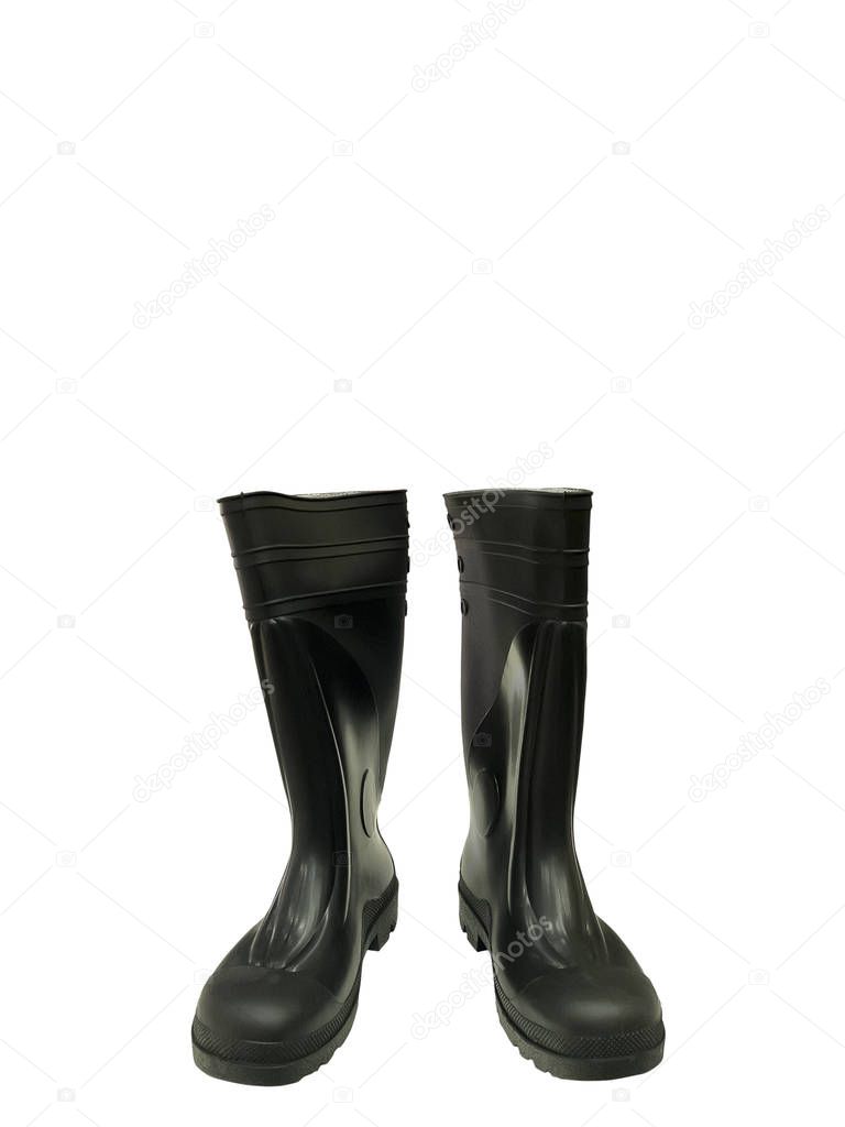 Black rubber boots isolated on white background.