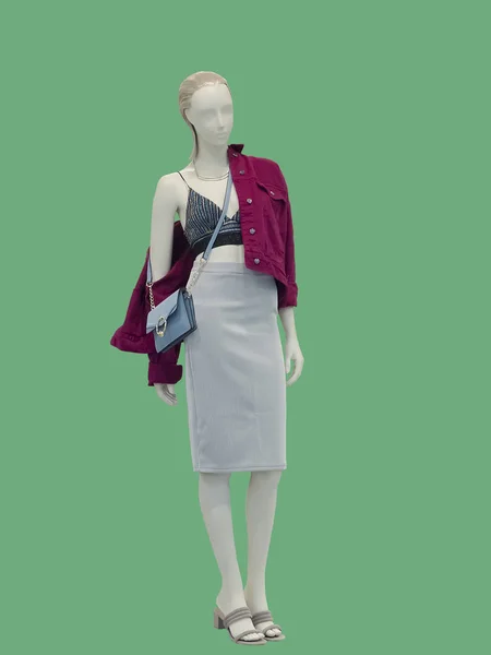 Ganzkörperlange Weibliche Schaufensterpuppe Modischer Kleidung Isoliert Auf Grünem Hintergrund Keine — Stockfoto