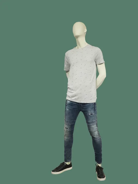 Manequim Masculino Comprimento Total Vestido Com Camisa Manga Curta Jeans — Fotografia de Stock