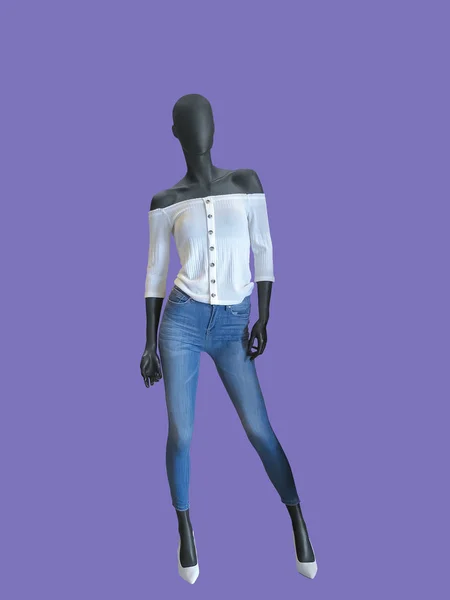 Full Length Female Mannequin Dressed White Blouse Blue Jeans Isolated — Stock Photo, Image