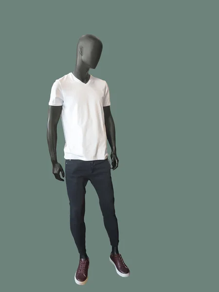 Manequim Masculino Comprimento Total Vestido Com Camiseta Branca Jeans Pretos — Fotografia de Stock