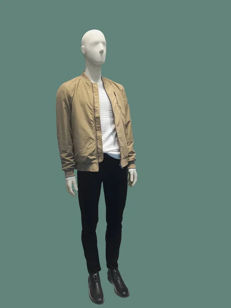 Ολόσωμο Αρσενικό Μανεκέν Ντυμένος Μοντέρνα Ρούχα Απομονώνονται Πράσινο Φόντο Καμία — Φωτογραφία Αρχείου