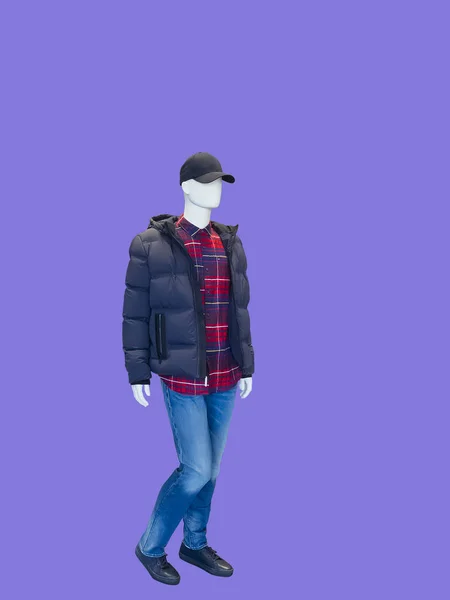 Männliche Schaufensterpuppe Jacke Und Blauer Jeans Isoliert Keine Markennamen Oder — Stockfoto
