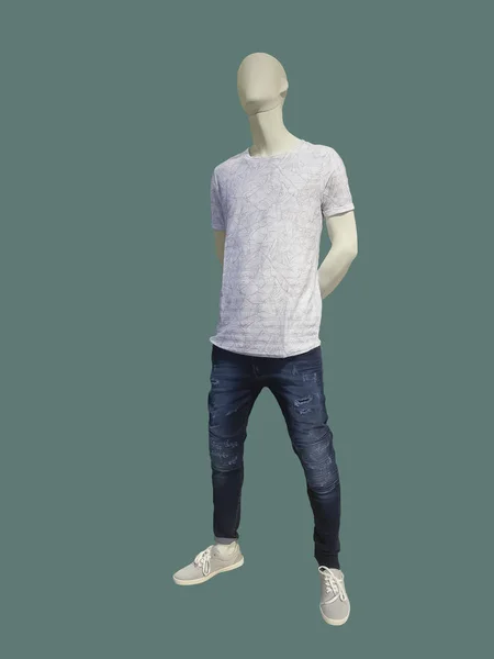 Celovečerní Mužské Figurína Oblečená Zkratce Rukáv Košile Džíny Izolované Zeleném — Stock fotografie