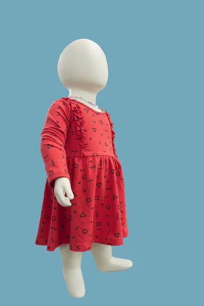 Child Mannequin Wearing Red Dress Isolated Green Background Brand Names — Stock Photo, Image
