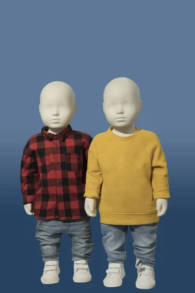 Duas Crianças Manequins Vestidos Com Roupas Casuais Isoladas Sem Marcas — Fotografia de Stock