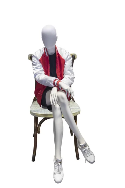 Manequim Feminino Sentado Cadeira Bentwood Isolado Fundo Branco Sem Marcas — Fotografia de Stock