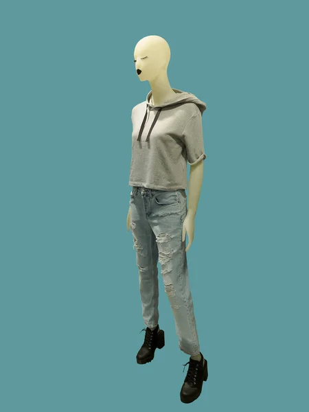 Volledige Vrouwelijke Mannequin Gekleed Grijze Capuchon Sweatshirt Blauwe Jeans Geïsoleerd — Stockfoto