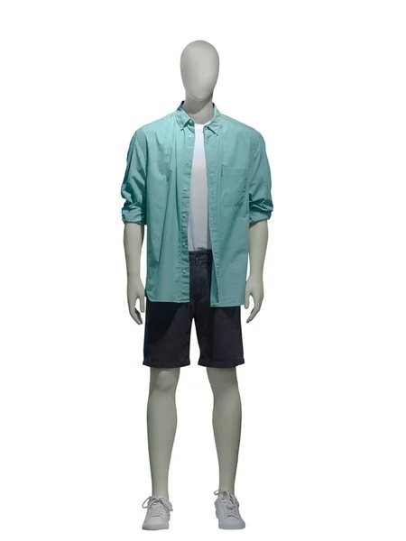 Volledige Mannelijke Mannequin Gekleed Groen Shirt Zwarte Shorts Geïsoleerd Witte — Stockfoto