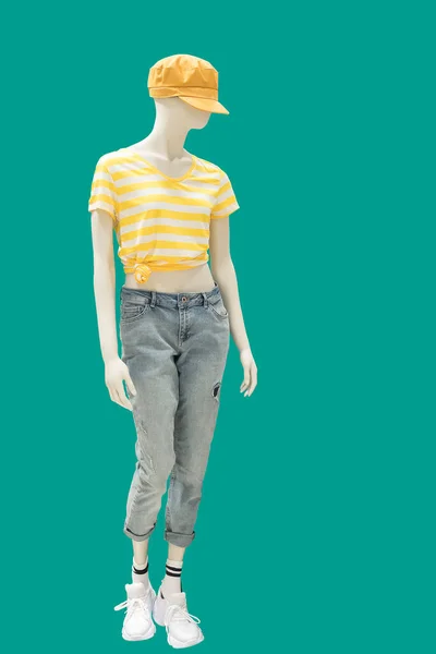 Plná Délka Ženské Figuríny Oblečené Neformálním Oblečení Izolované Zeleném Pozadí — Stock fotografie