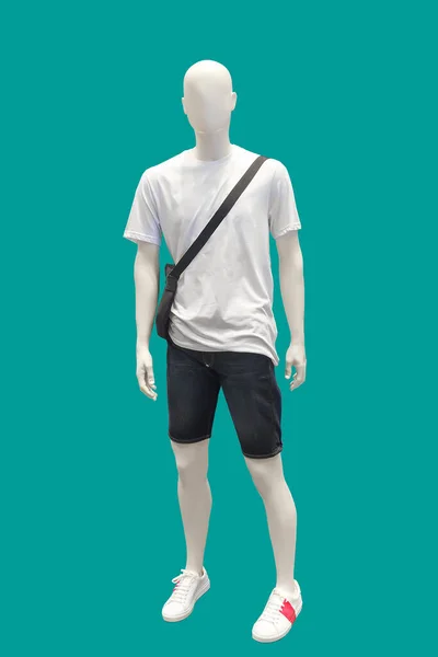 Manequim Masculino Comprimento Total Vestido Com Camiseta Branca Calções Ganga — Fotografia de Stock