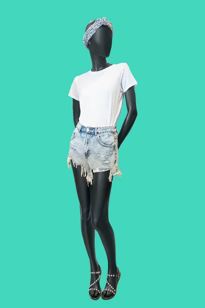 Manequim Feminino Comprimento Total Vestido Com Camiseta Branca Calções Ganga — Fotografia de Stock