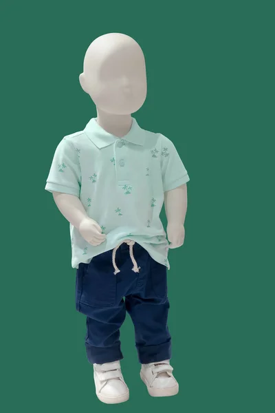 Pełna Długość Manekina Dziecka Ubrany Modne Dzieci Nosić Izolowane Zielonym — Zdjęcie stockowe