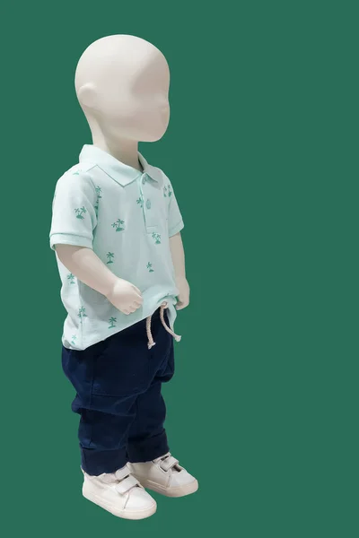 Volledige Lengte Kind Etalagepop Gekleed Modieuze Kinderen Dragen Geïsoleerd Groene — Stockfoto
