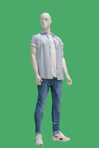 完全な長さの男性のマネキンは緑の背景で隔離されたカジュアルな服で身に着けていた ブランド名や著作権の対象外 — ストック写真