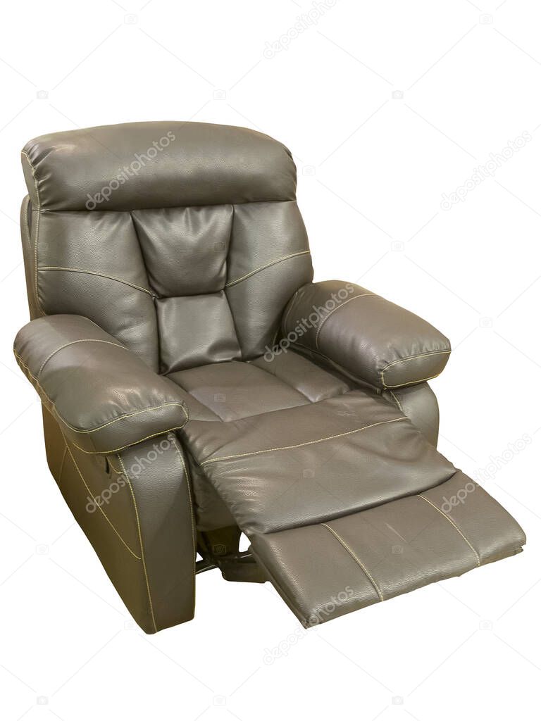 Recliner brown leather theater TV armchair, isolated on a white background.
