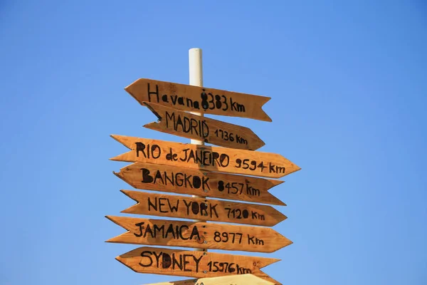 Funny direction signpost with distance to many different cities in the world