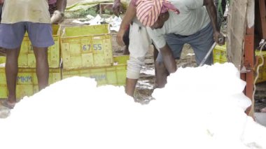 Two Men Digging in White Sand with Shovels