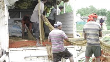 Energetic Crew at Work - Sorting Netted Fishing Harvest