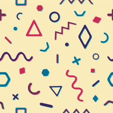 Geometrik öğelerle dikişsiz bir retro memphis desen vektör. Kaotik trendy geometri hippi tarzı. Posterler, kapakları, baskılar için uygundur..