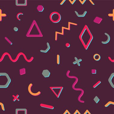 Geometrik öğelerle dikişsiz bir retro memphis desen vektör. Kaotik trendy geometri hippi tarzı. Posterler, kapakları, baskılar için uygundur..