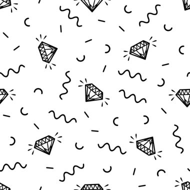 Vintage elmas ve geometrik öğeleri ile sorunsuz bir retro memphis desen vektör. Kaotik trendy geometri hippi tarzı. Posterler, kapakları, baskılar için uygundur..