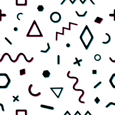 Geometrik öğelerle dikişsiz bir retro memphis desen vektör. Kaotik trendy geometri hippi tarzı. Posterler, kapakları, baskılar için uygundur..