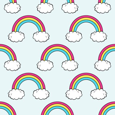 Vektör seamless modeli ile şirin gökkuşağı ve bulutlar