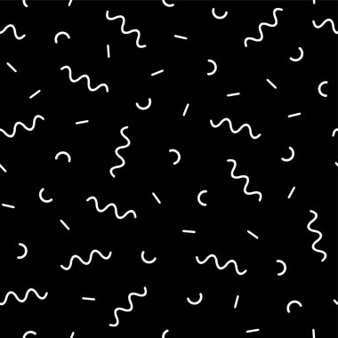 Dikişsiz siyah beyaz retro memphis desen geometrik öğelerle vektör. Kaotik trendy geometri hippi tarzı. Posterler, kapakları, baskılar için uygundur..