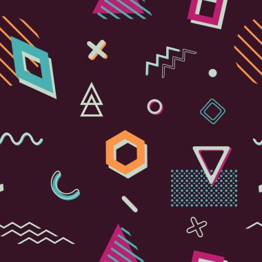 Dikişsiz retro komik memphis desen geometrik öğelerle vektör. Minimalist düz stil kaotik trendy geometri. Posterler, kapakları, baskılar için uygundur..