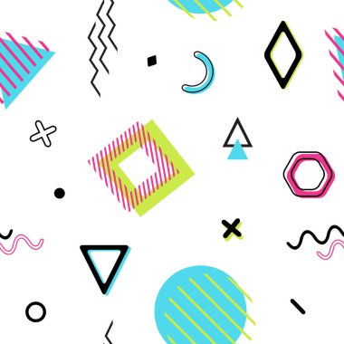 Dikişsiz retro komik memphis desen geometrik öğelerle vektör. Minimalist düz stil kaotik trendy geometri. Posterler, kapakları, baskılar için uygundur..