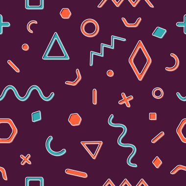 Dikişsiz retro komik memphis desen geometrik öğelerle vektör. Minimalist düz stil kaotik trendy geometri. Posterler, kapakları, baskılar için uygundur..