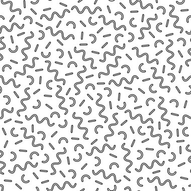 Geometrik öğelerle dikişsiz bir retro memphis desen vektör. Kaotik trendy geometri hippi tarzı. Posterler, kapakları, baskılar için uygundur..