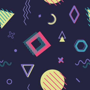 Dikişsiz retro komik memphis desen geometrik öğelerle vektör. Minimalist düz stil kaotik trendy geometri. Posterler, kapakları, baskılar için uygundur..