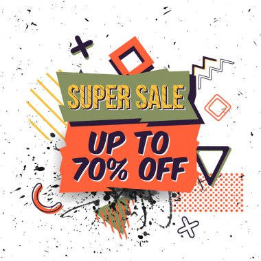 Vektör soyut Satılık posterdeki retro 80'ler, 90'lı yılların memphis tarzı geometrik öğeleri ve grunge sıçrama. Modaya uygun modern arka plan