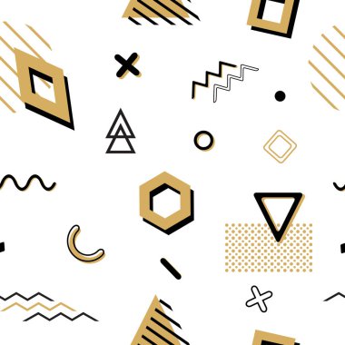 Siyah ve altın geometrik öğelerle Dikişsiz memphis desen vektör. Minimalist düz stil kaotik trendy geometri. Moda için uygun, posterler, kapakları, yazdırır.