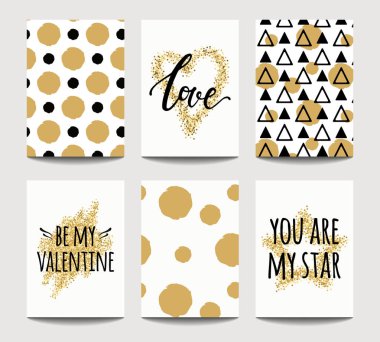 Sevgi kartları düğün ve altın parlak etkileri ile Sevgililer günü için vektör kümesi. Davetiye, tebrik kartı, poster tasarım şablonları.