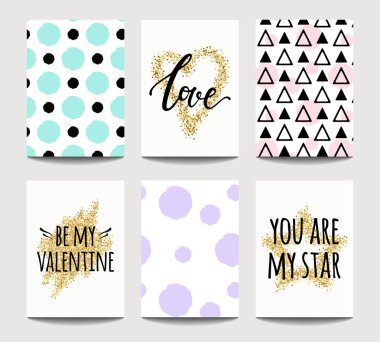 Sevgi kartları düğün ve altın parlak etkileri ile Sevgililer günü için vektör kümesi. Davetiye, tebrik kartı, poster tasarım şablonları.