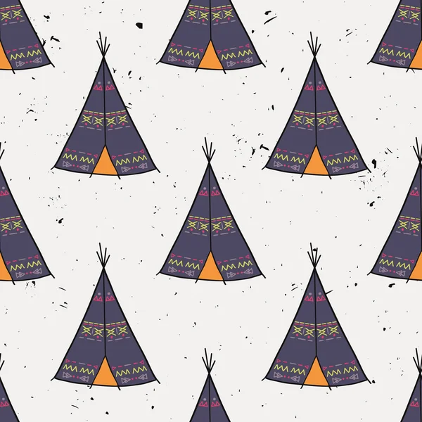矢量无缝模式的美国印第安人帐篷家与部落装饰品 多彩的圆锥形帐篷窝棚波西米亚风格 — 图库矢量图片