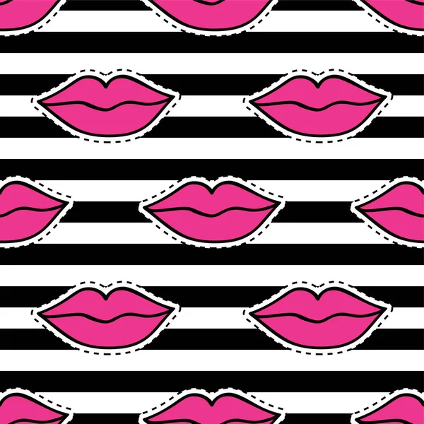 唇とストライプでファッション パッチ バッジとシームレスなパターンをベクトル ステッカー トレンディな背景パッチの漫画で 年代のコミック スタイル — ストックベクタ
