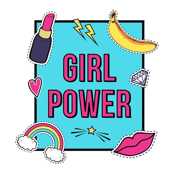 Poster Vektor Girl Power Dengan Lencana Fashion Patch Lucu Bibir - Stok Vektor